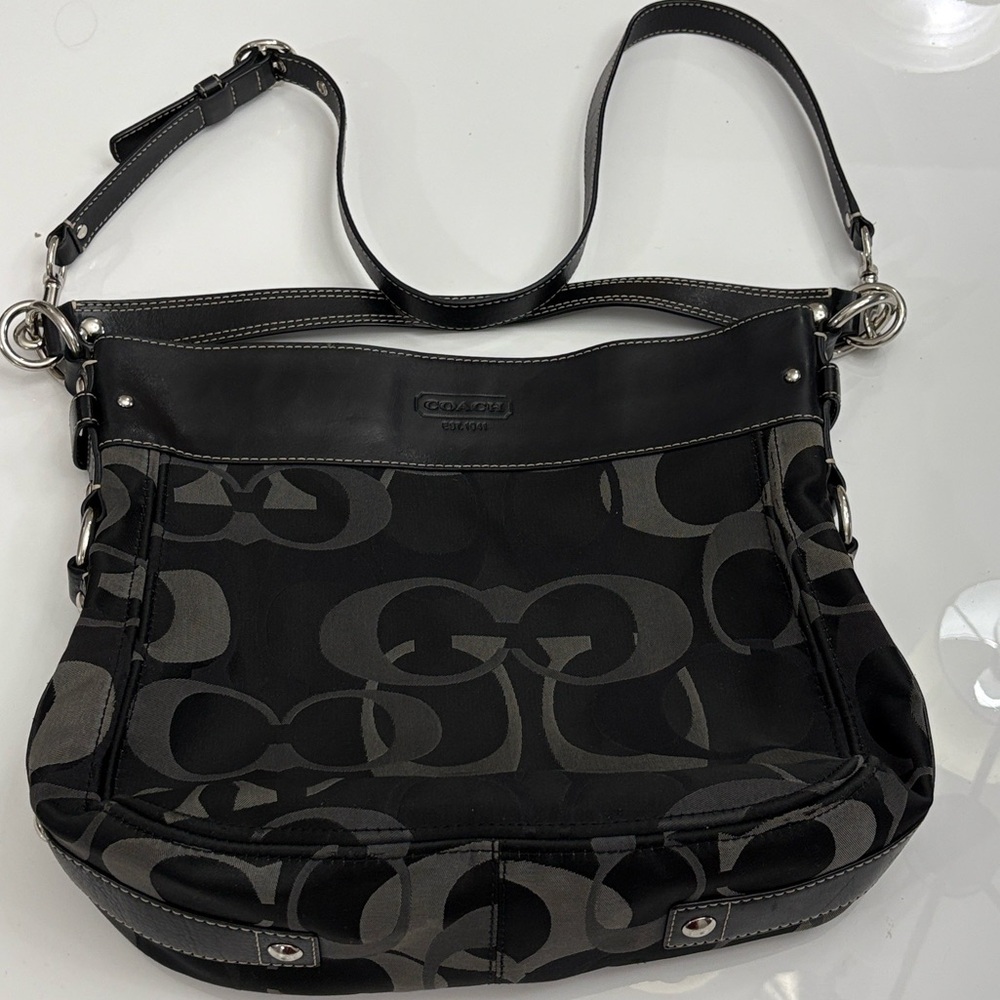 SOLD!! COACH Optic Signature Convertible Zoe Hobo black/gray canvas & leather.
